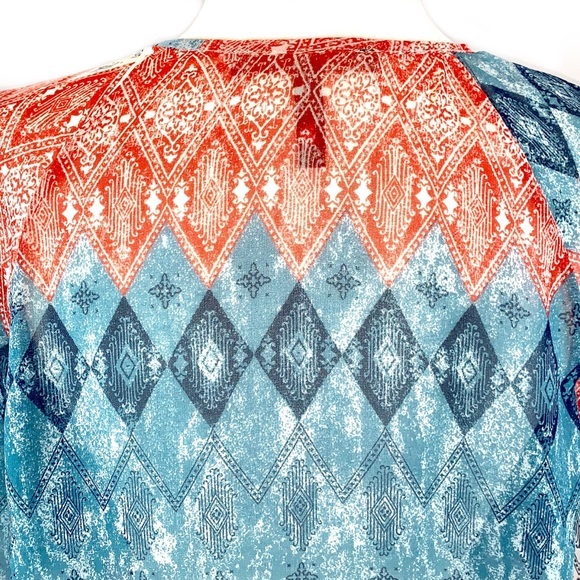 BCBGMaxAzria size S orange blue & ivory BOHO tie front long puffed sleeve blouse - Picture 11 of 15